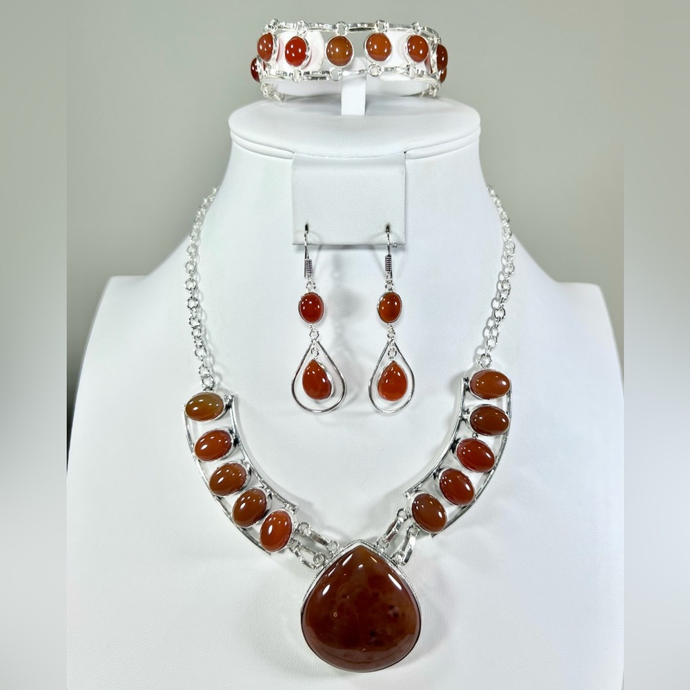 Carnelian 925 Large Gemstone Necklace Bracelet Earrings set